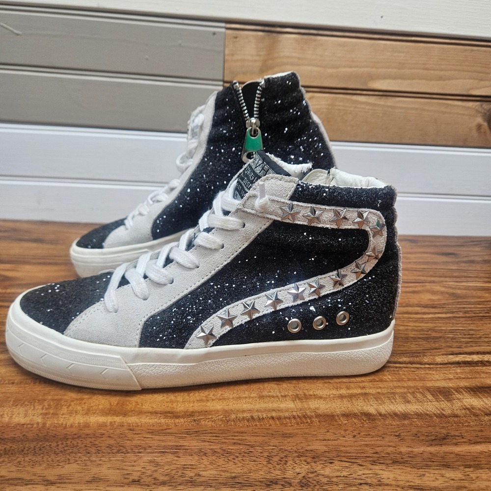 Vintage Havana Black Glitter Star High Top Sneakers Suede Trim Womens 8
